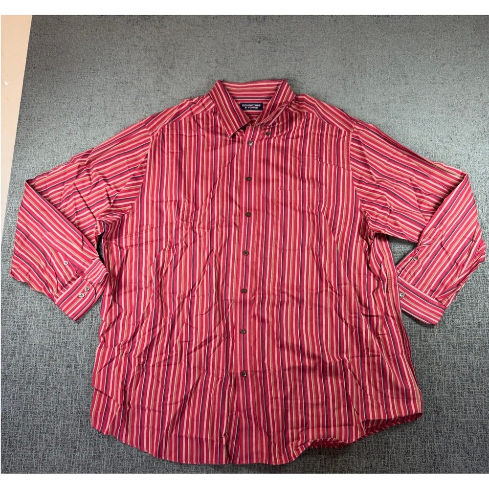 Roundtree & Yorke Mens 2XT Red Striped Cotton Long Sleeve Button Down Shirt